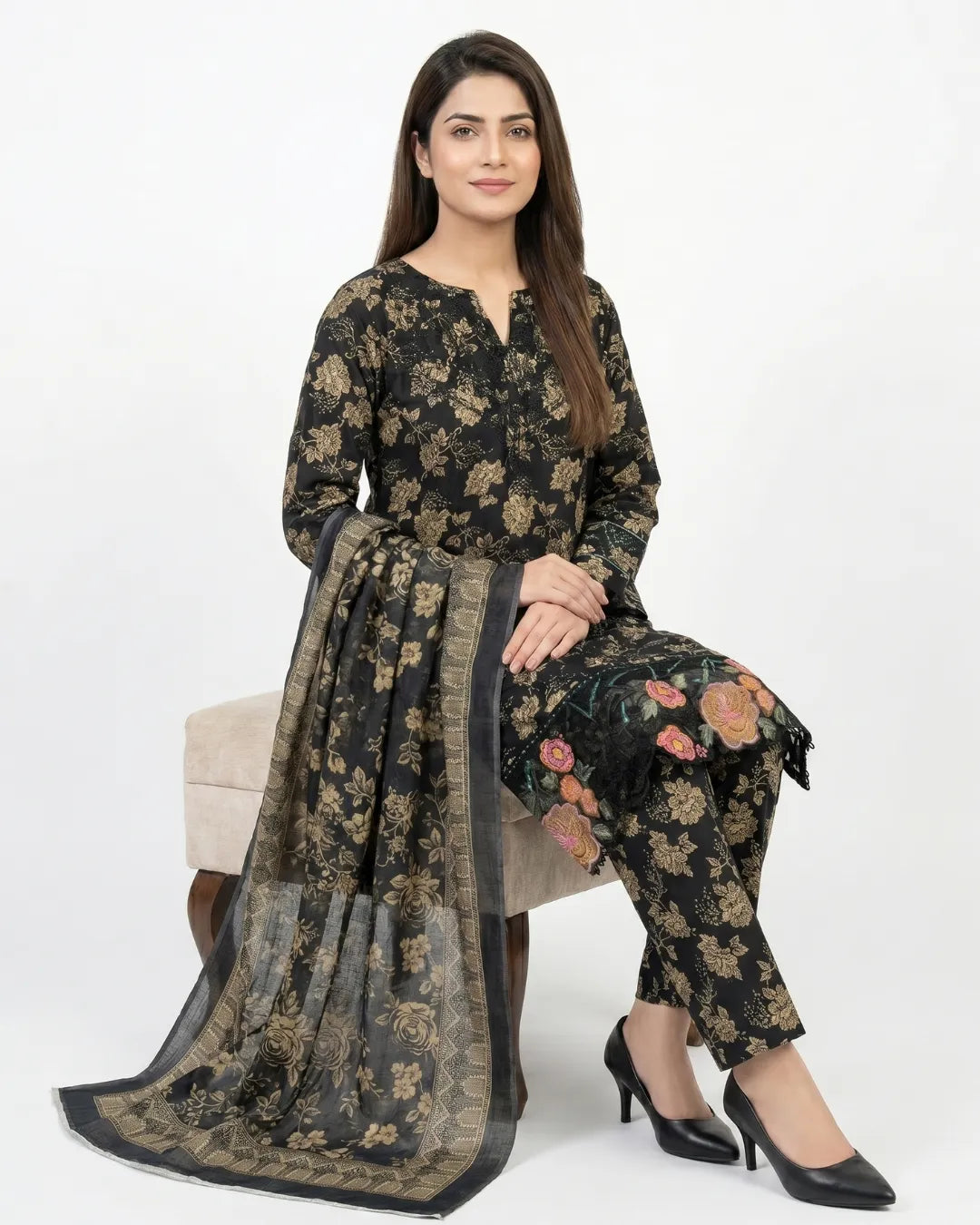 3 PIECE - PRINT EMBROIDERED LAWN SUIT