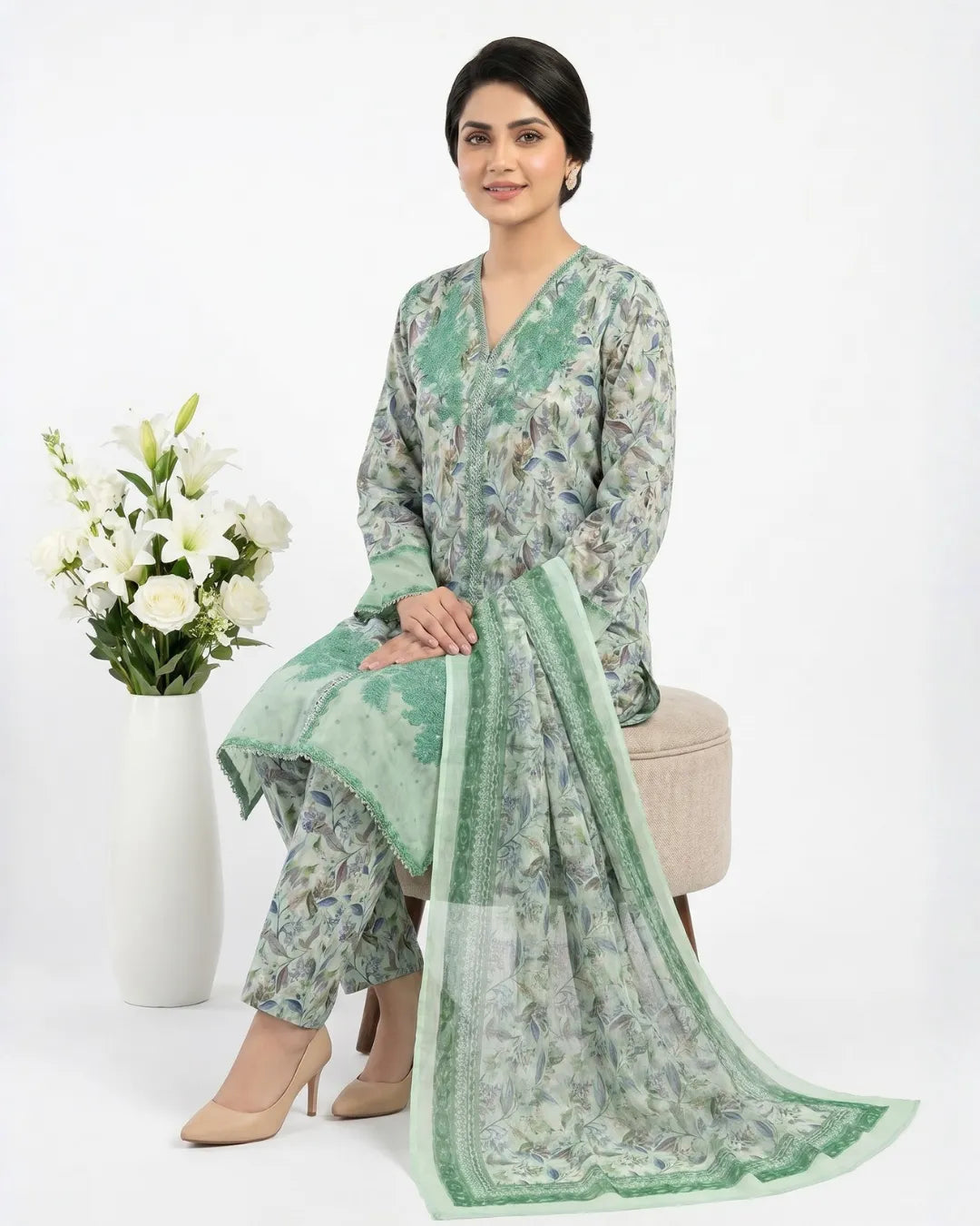3 PIECE - PRINT EMBROIDERED LAWN SUIT