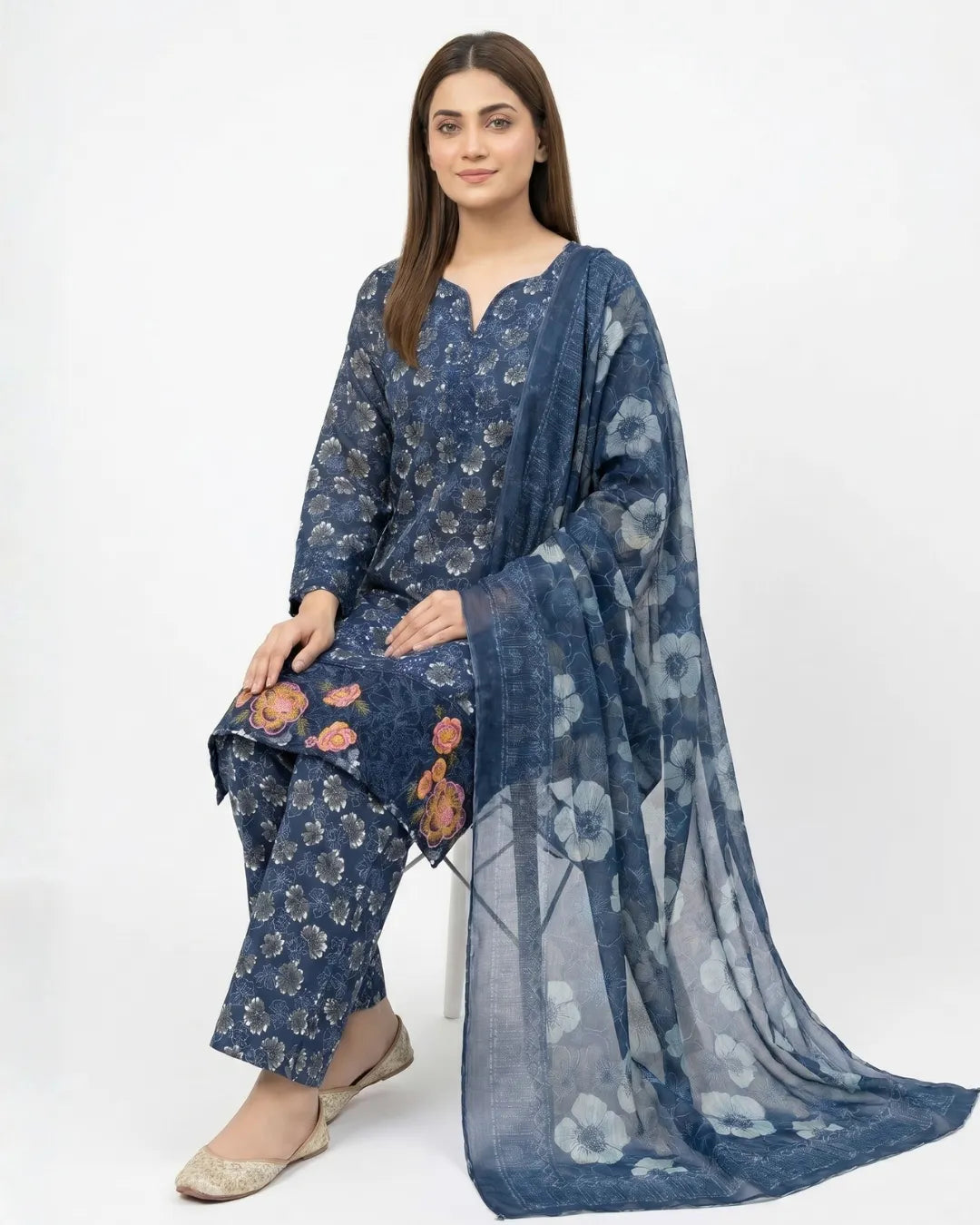 3 PIECE - PRINT EMBROIDERED LAWN SUIT