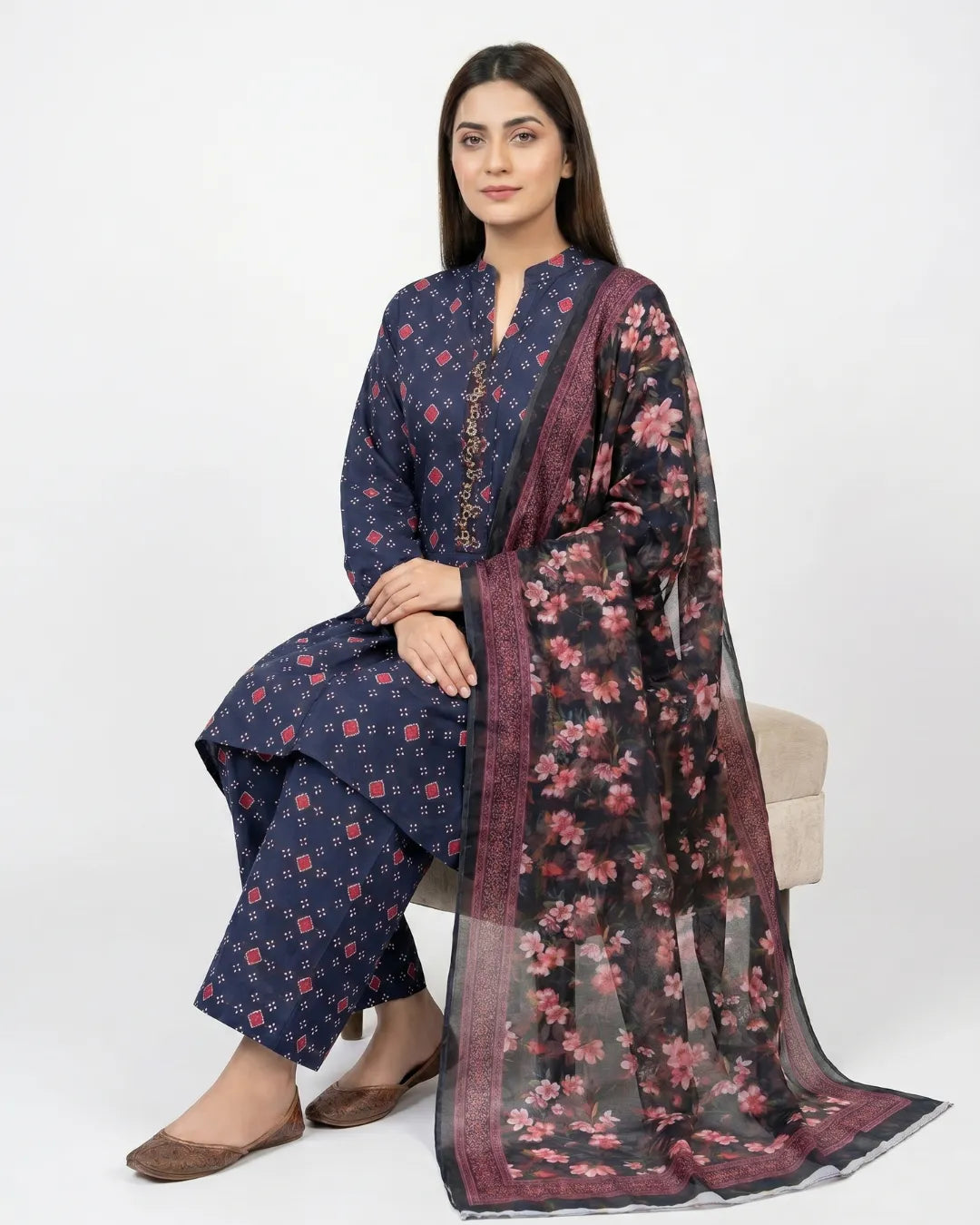 3 PIECE - PRINT EMBROIDERED LAWN SUIT