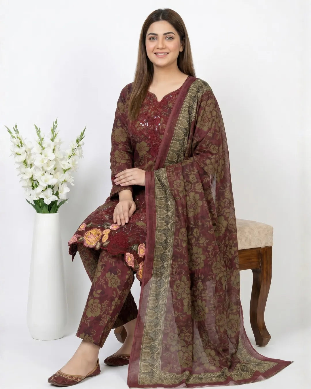 3 PIECE - PRINT EMBROIDERED LAWN SUIT