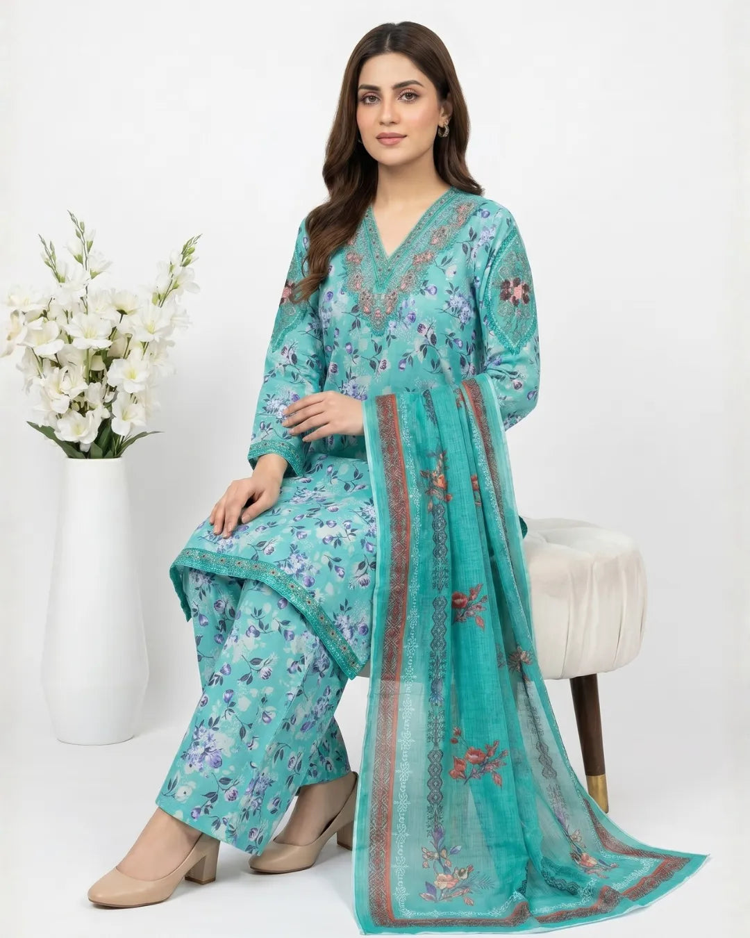 3 PIECE - PRINT EMBROIDERED LAWN SUIT