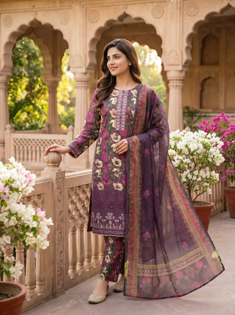 Embroidered Lawn Suit 3 Pieces Summer Women Fashion