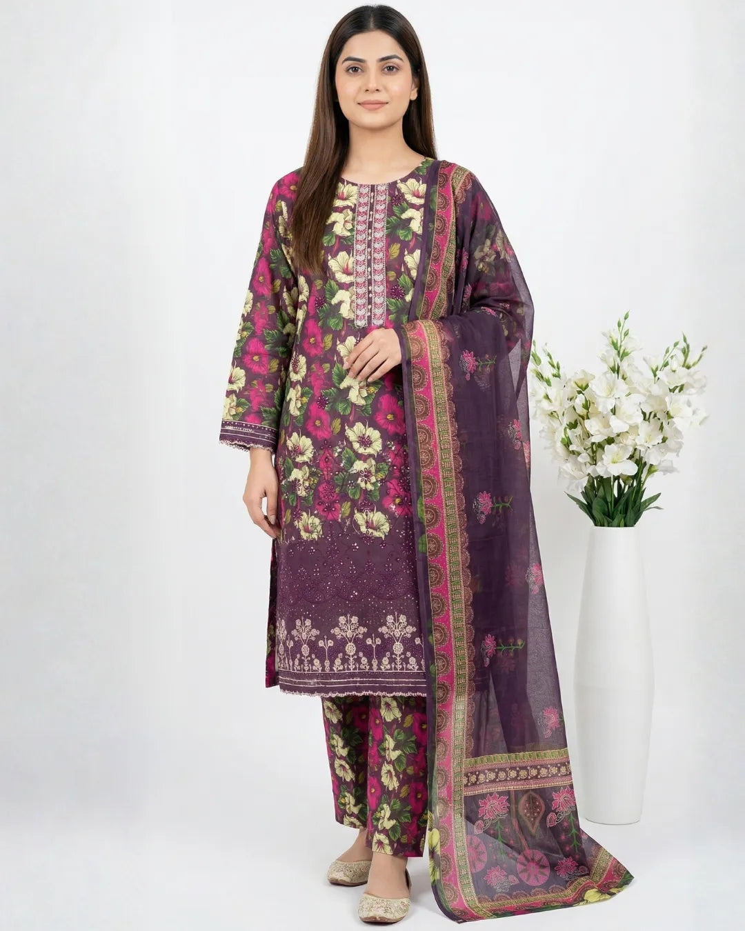3 PIECE - PRINT EMBROIDERED CAMBRIC SUIT