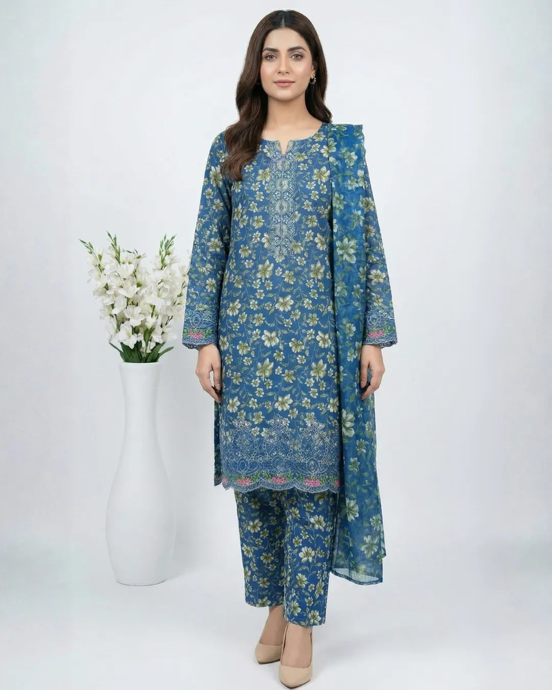 3 PIECE - PRINT EMBROIDERED CAMBRIC SUIT