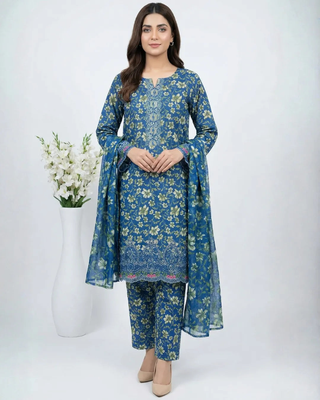 3 PIECE - PRINT EMBROIDERED CAMBRIC SUIT