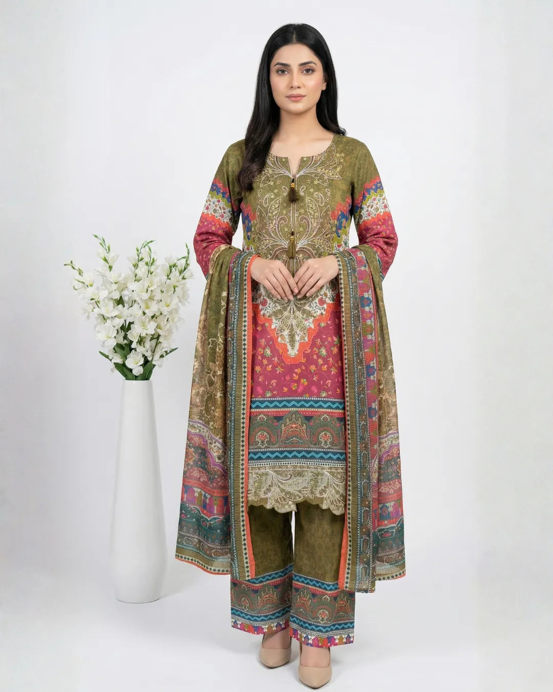 3 PIECE - PRINT EMBROIDERED CAMBRIC SUIT
