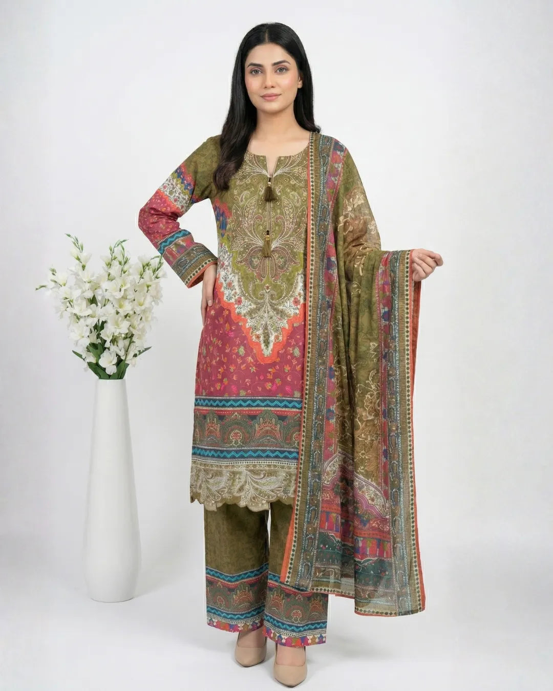 3 PIECE - PRINT EMBROIDERED CAMBRIC SUIT