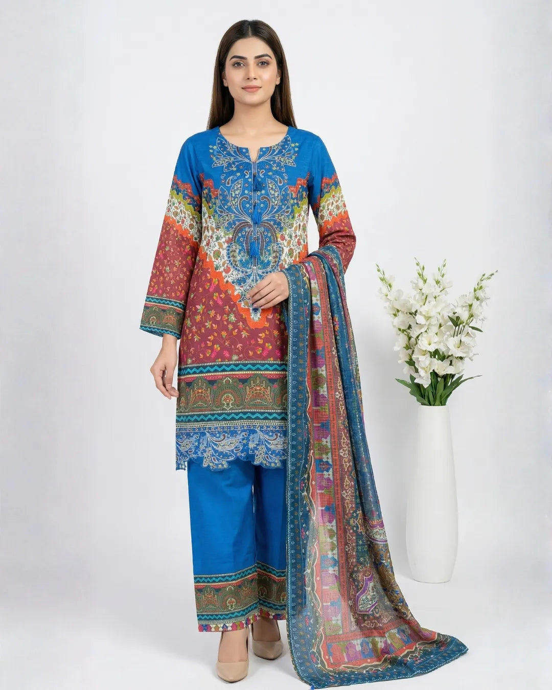3 PIECE - PRINT EMBROIDERED CAMBRIC SUIT