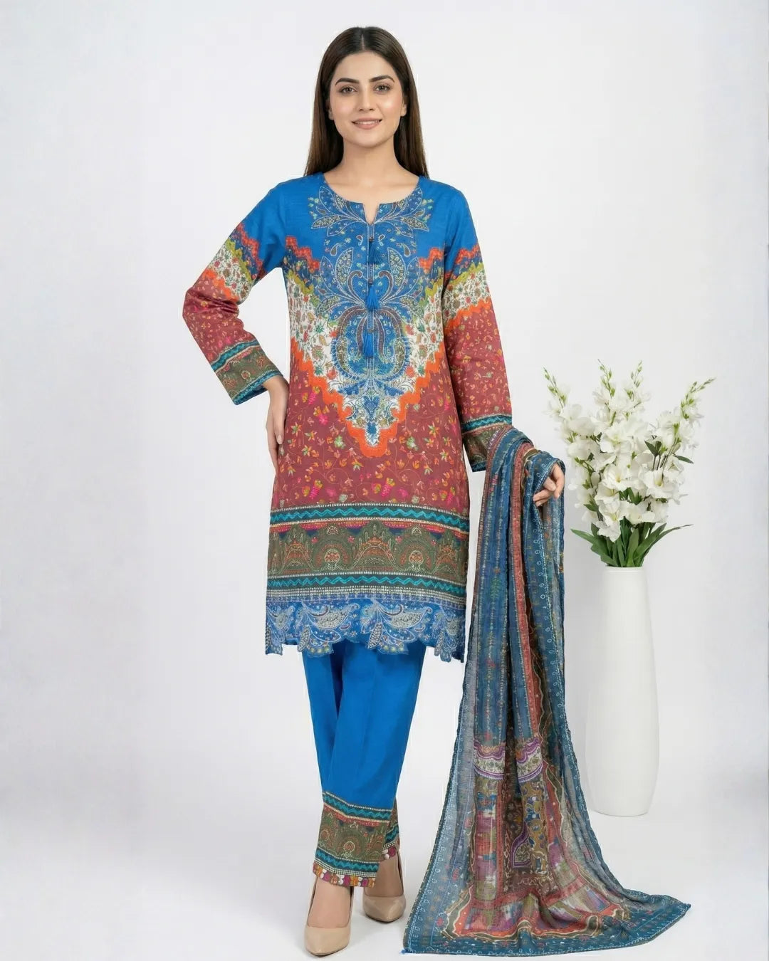 3 PIECE - PRINT EMBROIDERED CAMBRIC SUIT