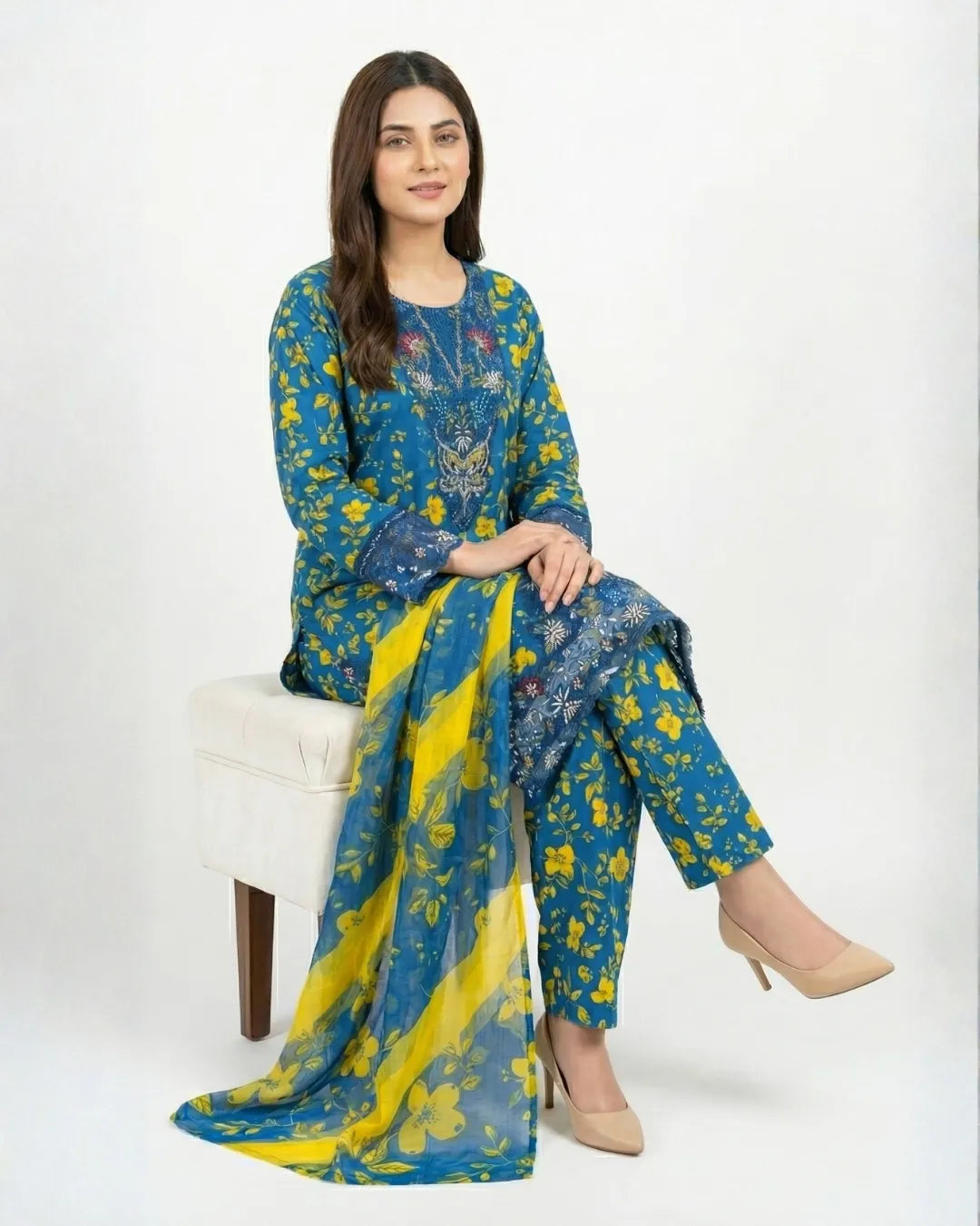 3 PIECE - PRINT EMBROIDERED CAMBRIC FARSHI SHALWAR SUIT