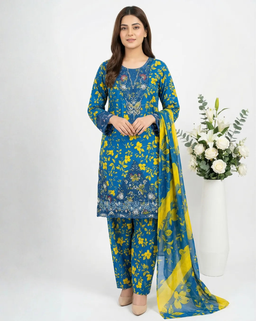 3 PIECE - PRINT EMBROIDERED CAMBRIC FARSHI SHALWAR SUIT