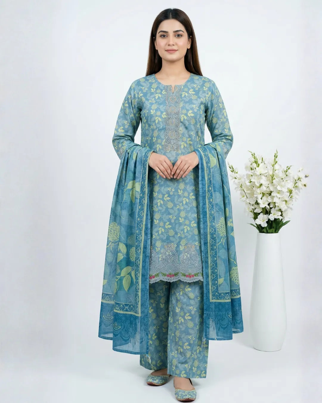 3 PIECE - PRINT EMBROIDERED CAMBRIC SUIT