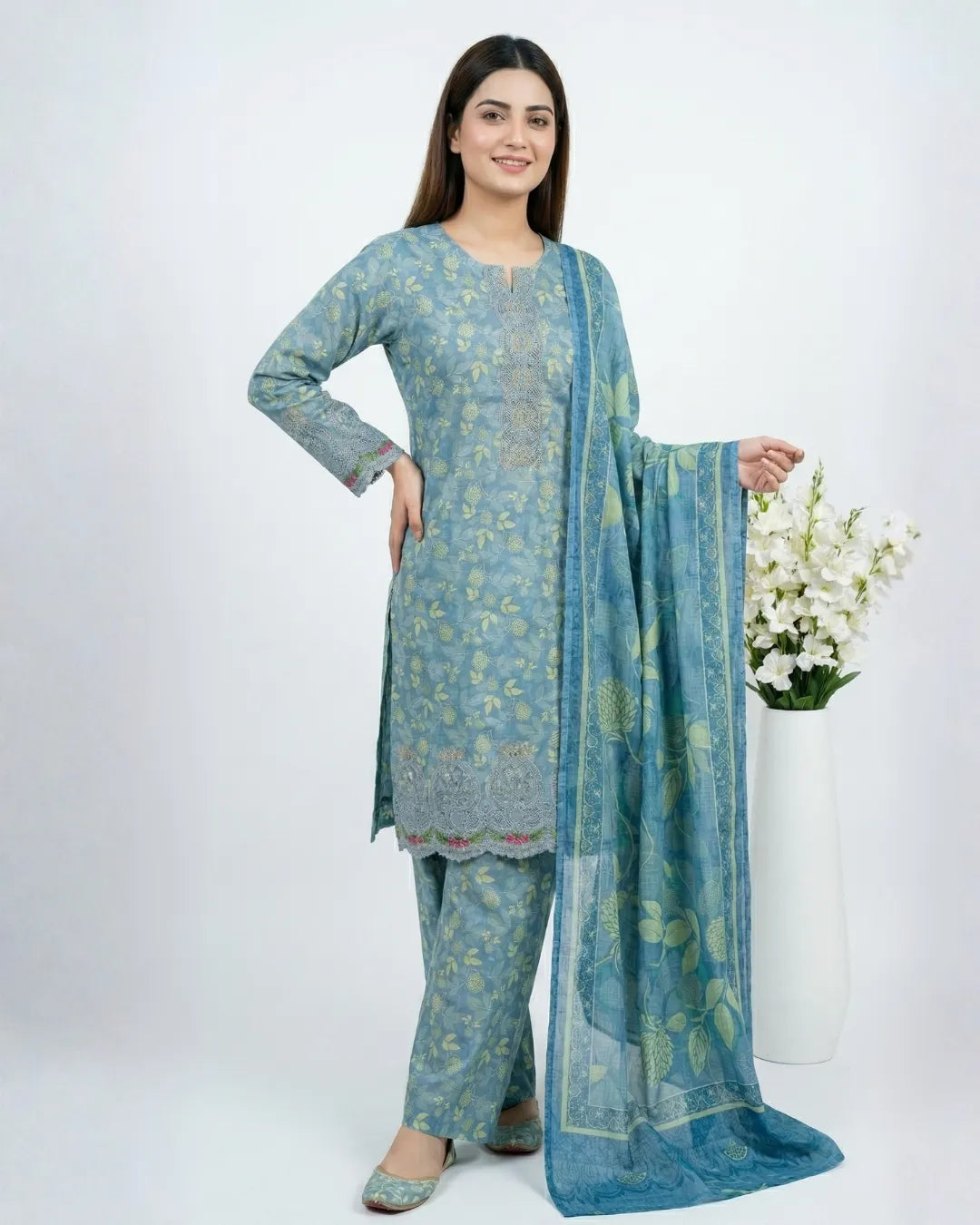 3 PIECE - PRINT EMBROIDERED CAMBRIC SUIT
