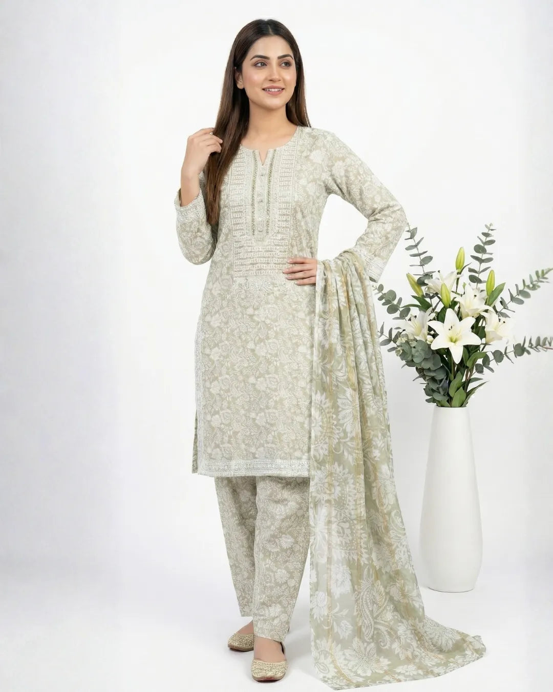 3 PIECE - PRINT EMBROIDERED CAMBRIC SUIT