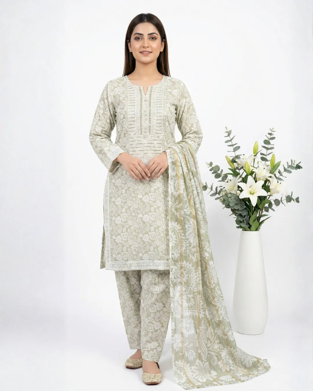 3 PIECE - PRINT EMBROIDERED CAMBRIC SUIT