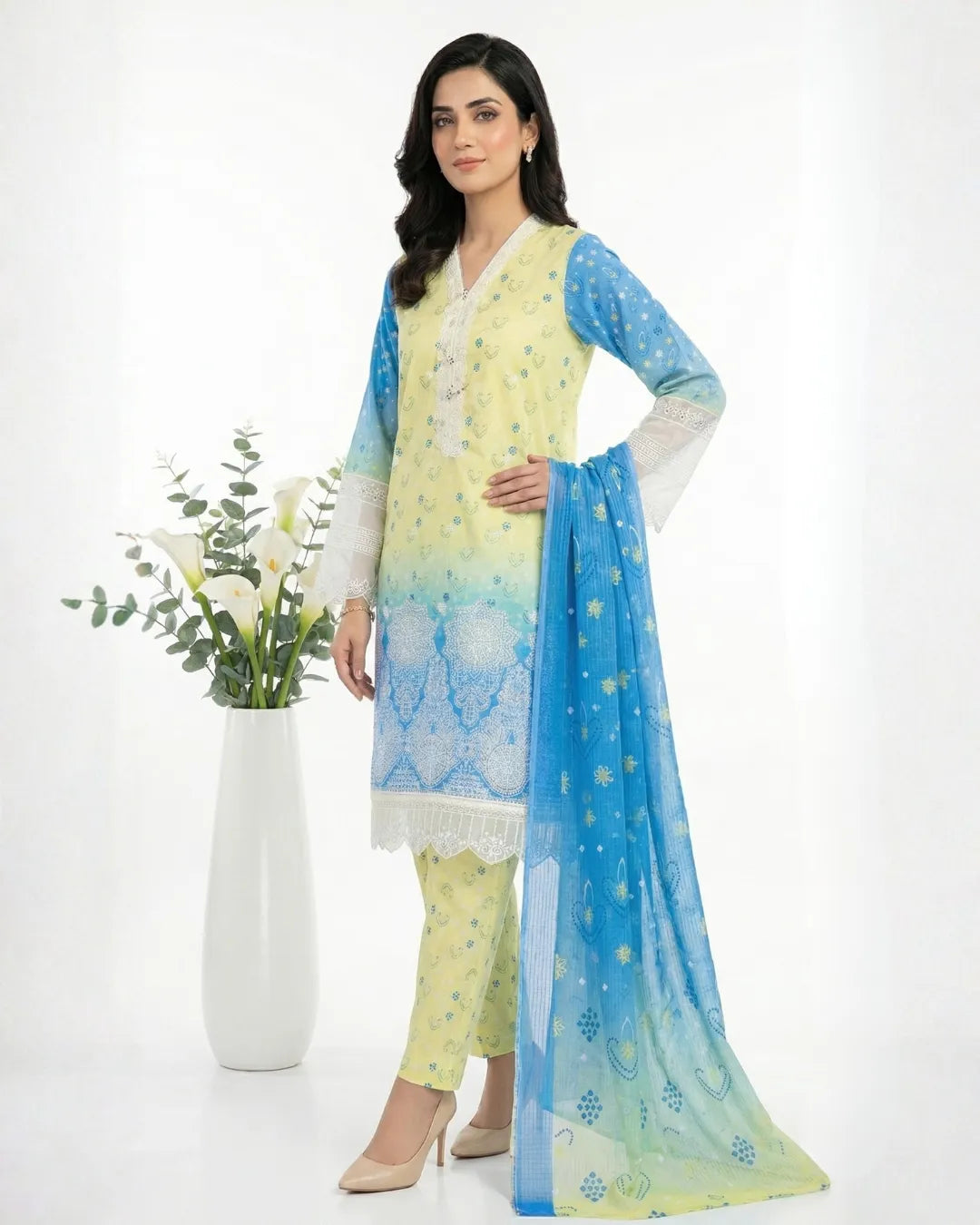 3 PIECE - PRINT EMBROIDERED CAMBRIC SUIT