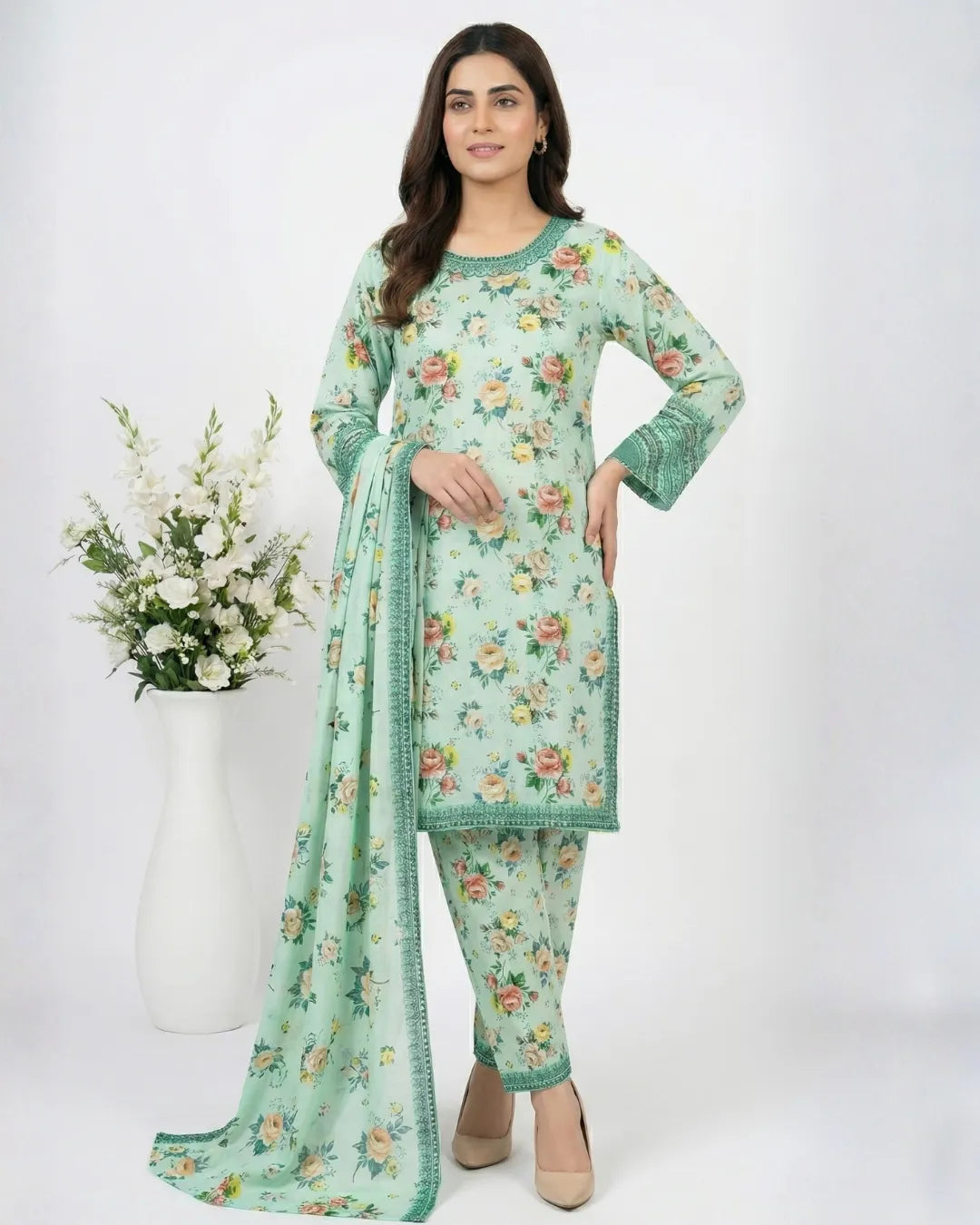3 PIECE - PRINT EMBROIDERED CAMBRIC SUIT