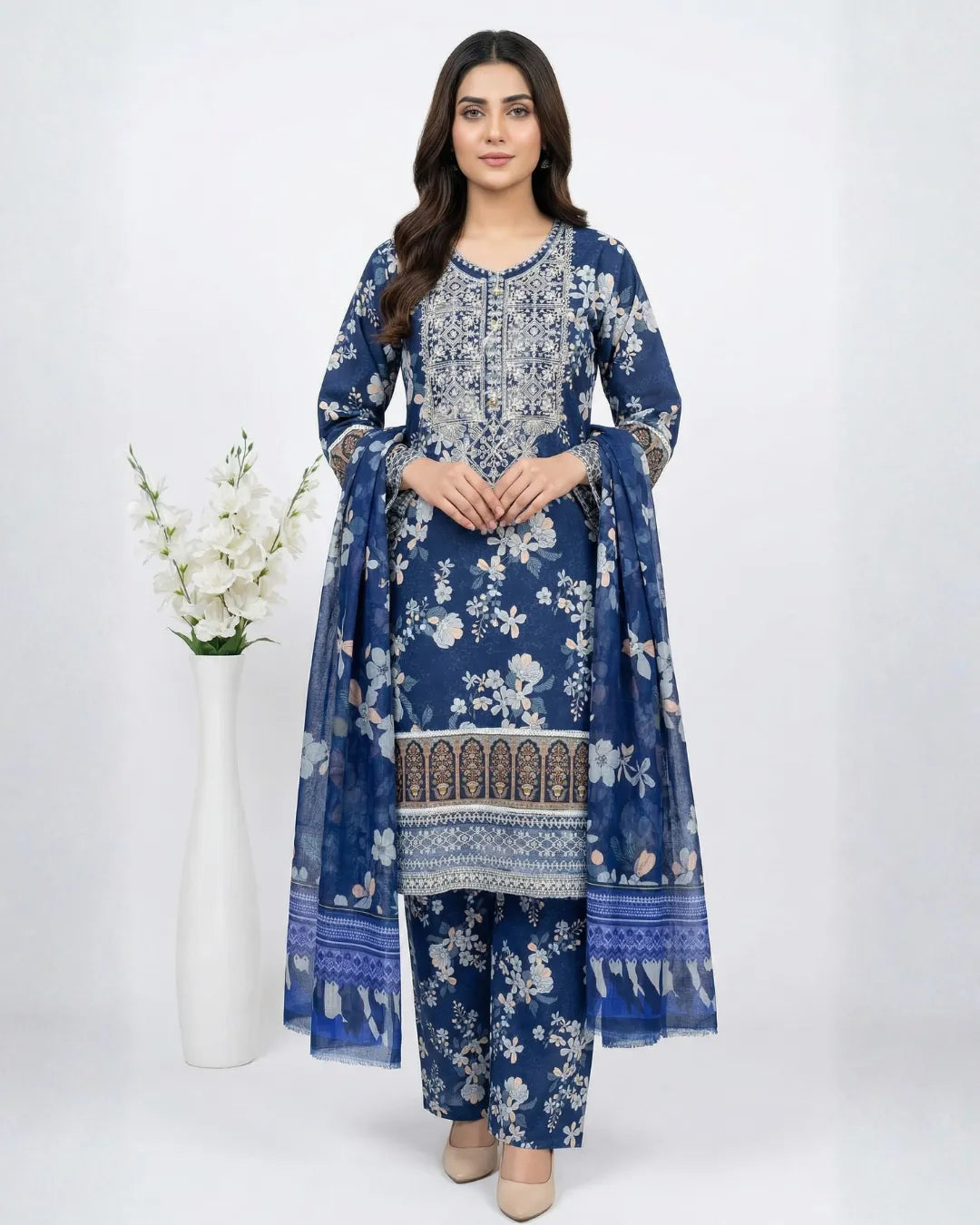 3 PIECE - PRINT EMBROIDERED CAMBRIC SUIT