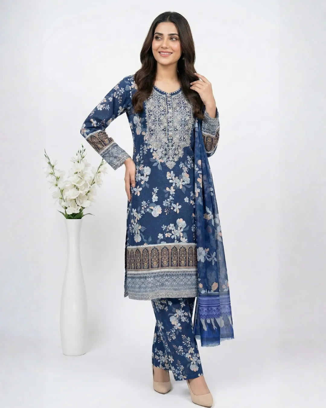 3 PIECE - PRINT EMBROIDERED CAMBRIC SUIT