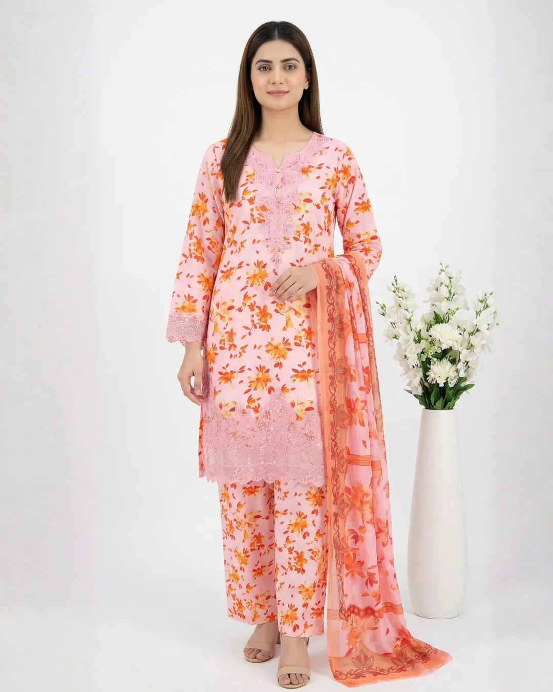 3 PIECE - PRINT EMBROIDERED CAMBRIC SUIT
