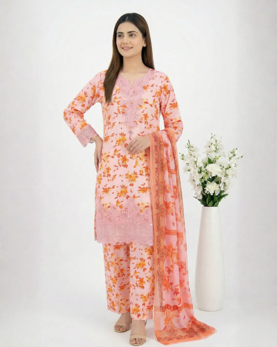 3 PIECE - PRINT EMBROIDERED CAMBRIC SUIT