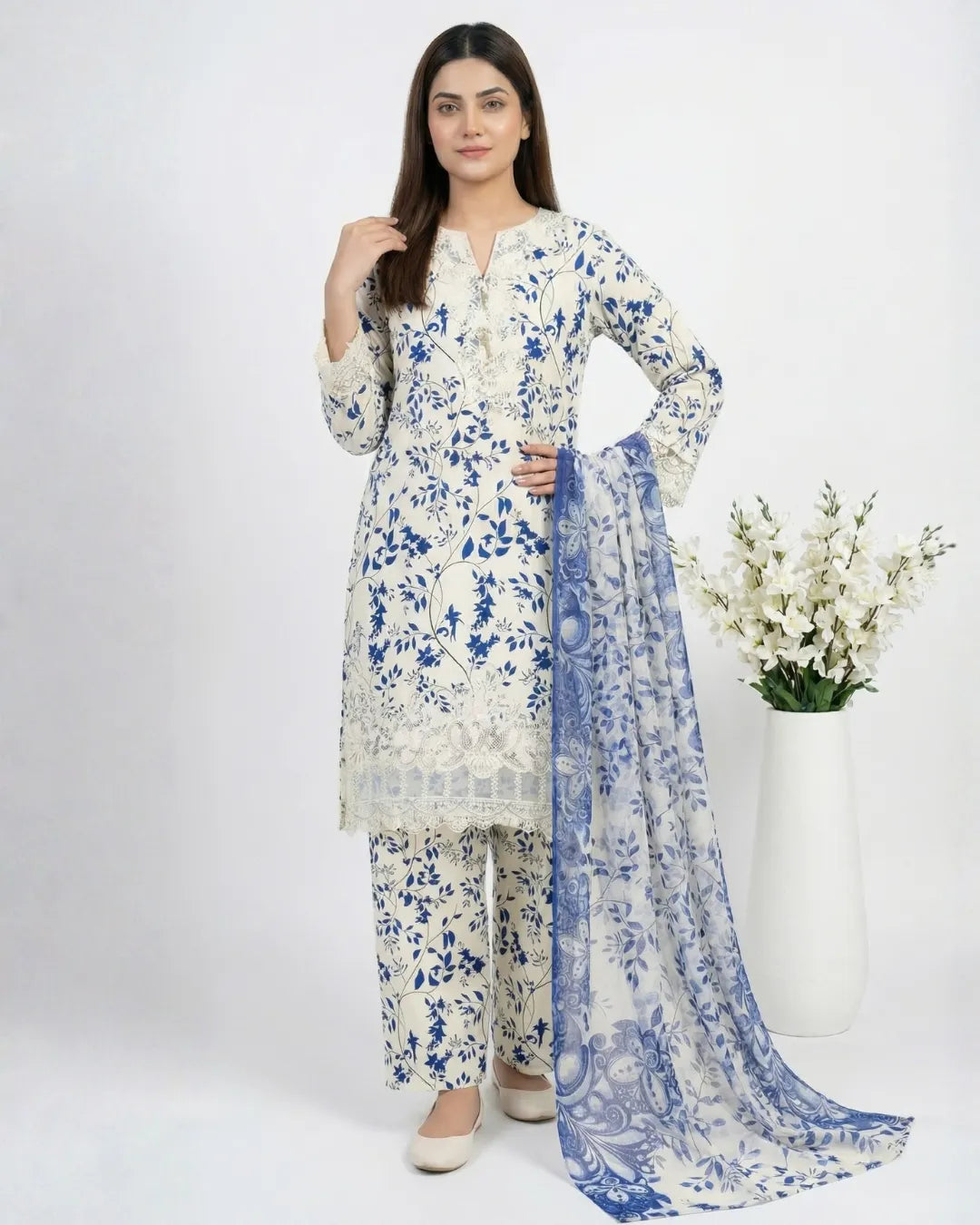 3 PIECE - PRINT EMBROIDERED CAMBRIC SUIT