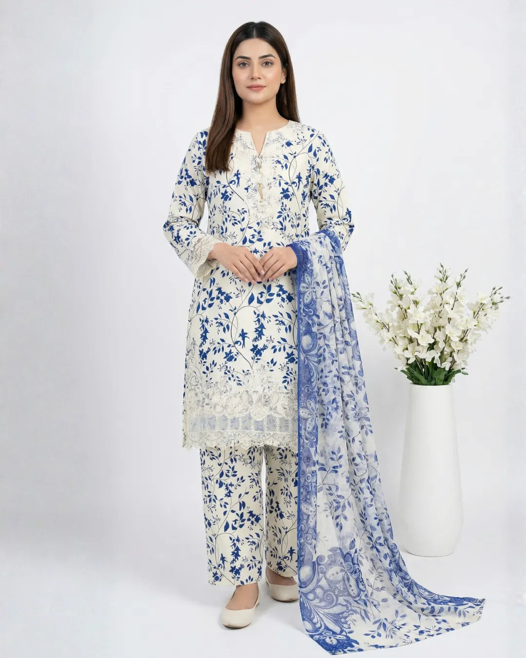 3 PIECE - PRINT EMBROIDERED CAMBRIC SUIT