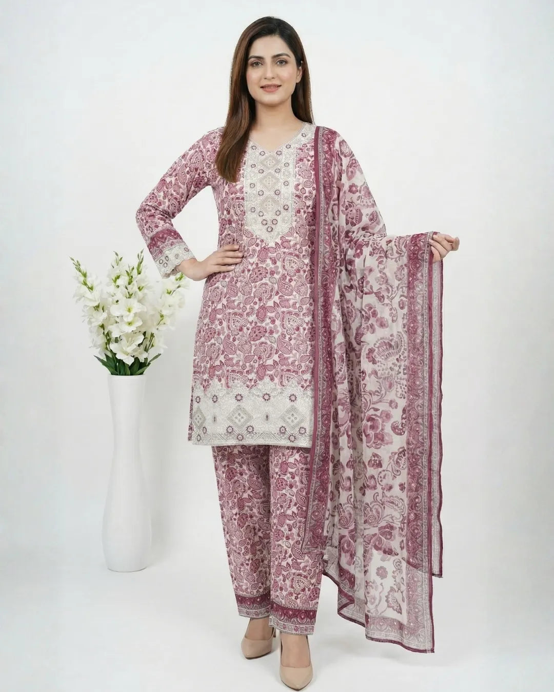 3 PIECE - PRINT EMBROIDERED CAMBRIC SUIT