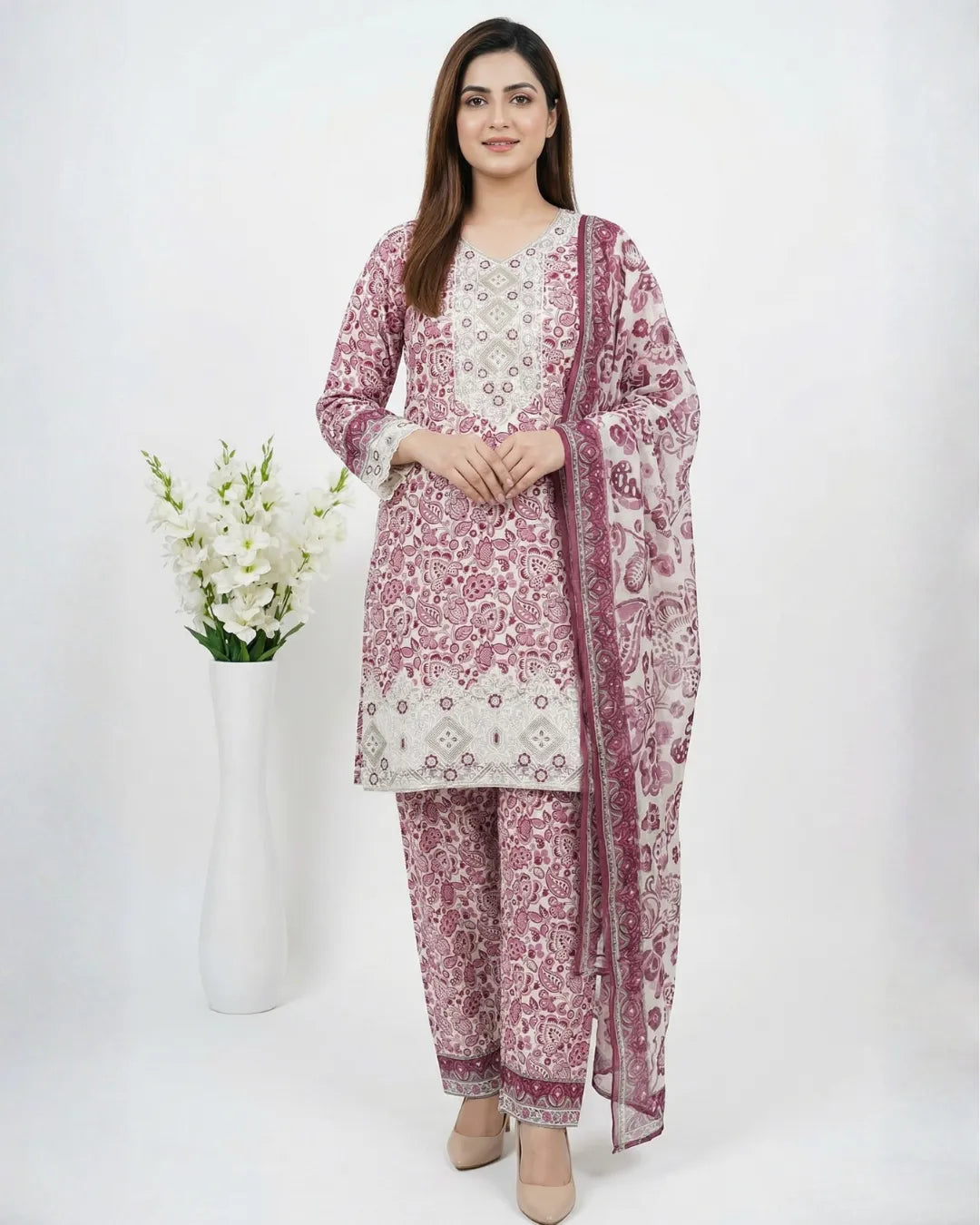 3 PIECE - PRINT EMBROIDERED CAMBRIC SUIT