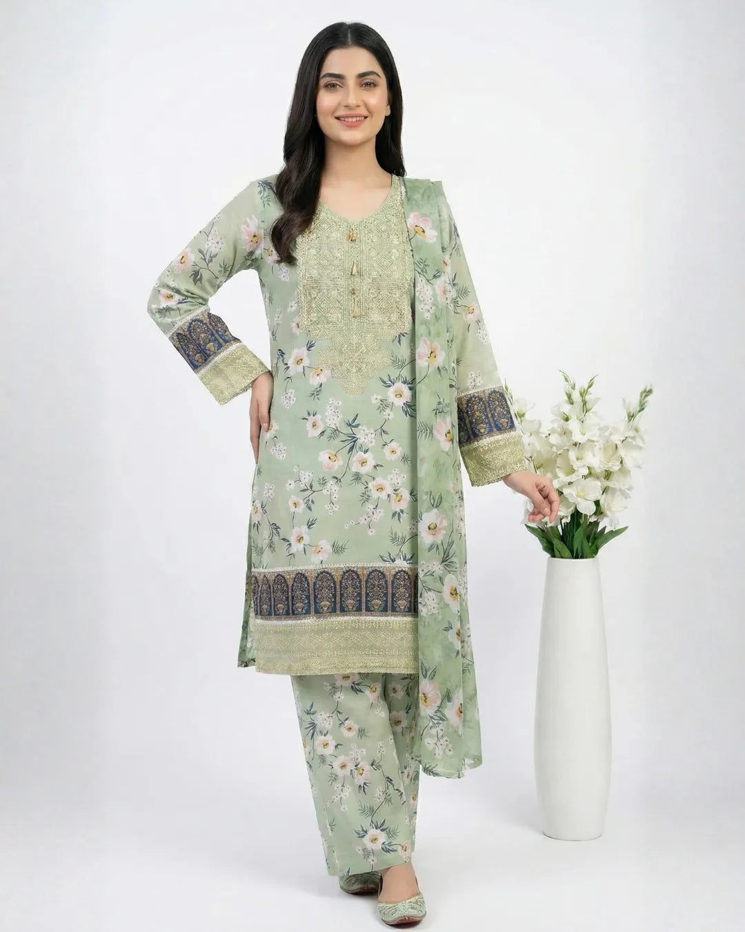 3 PIECE - PRINT EMBROIDERED CAMBRIC SUIT