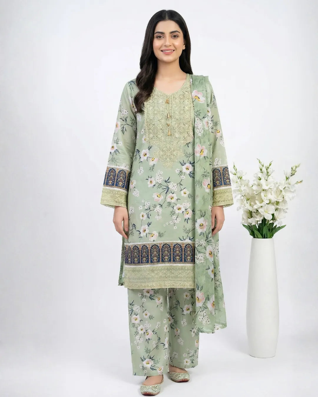 3 PIECE - PRINT EMBROIDERED CAMBRIC SUIT