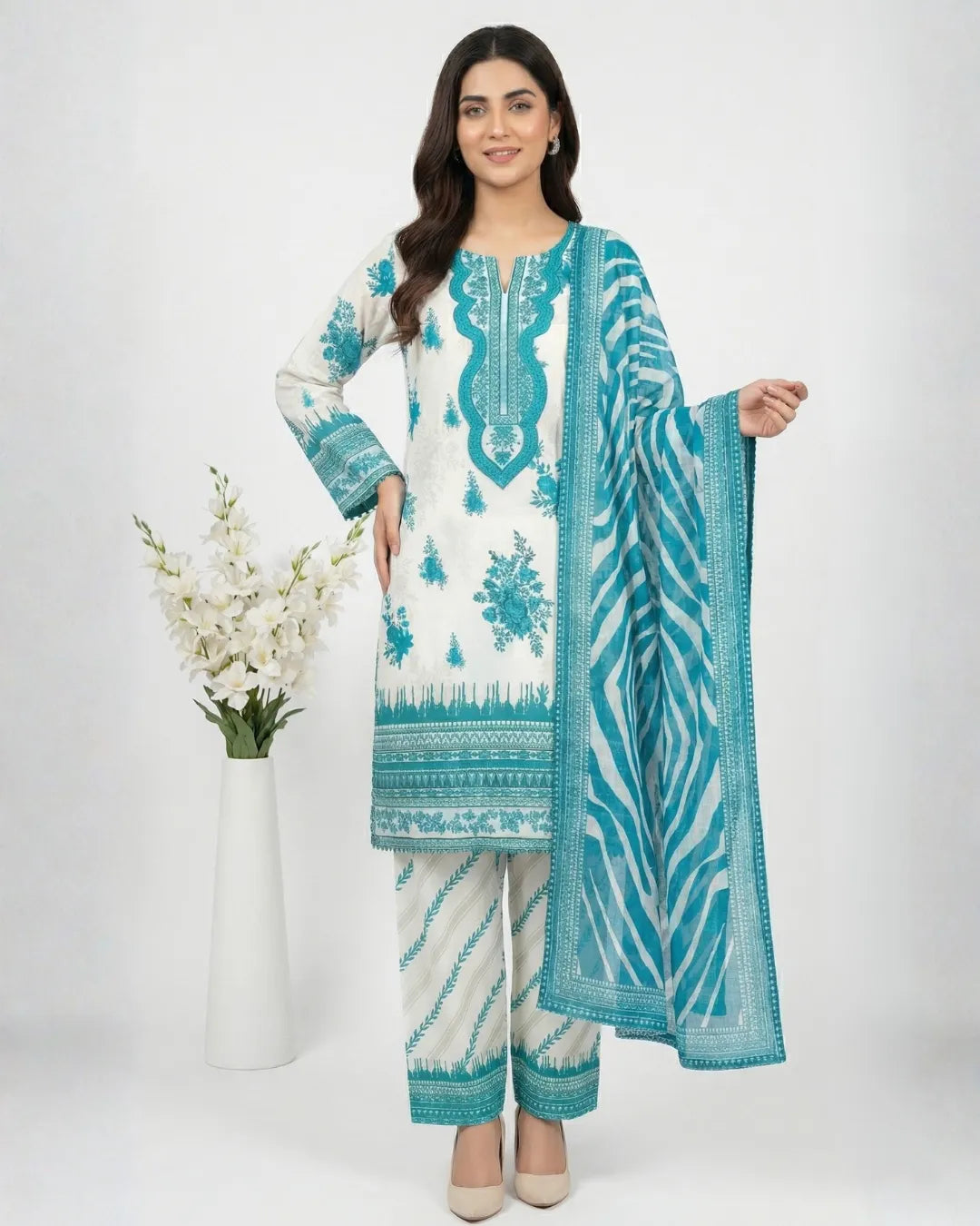 3 PIECE - PRINT EMBROIDERED CAMBRIC SUIT