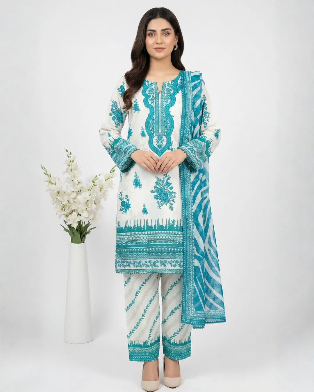 3 PIECE - PRINT EMBROIDERED CAMBRIC SUIT