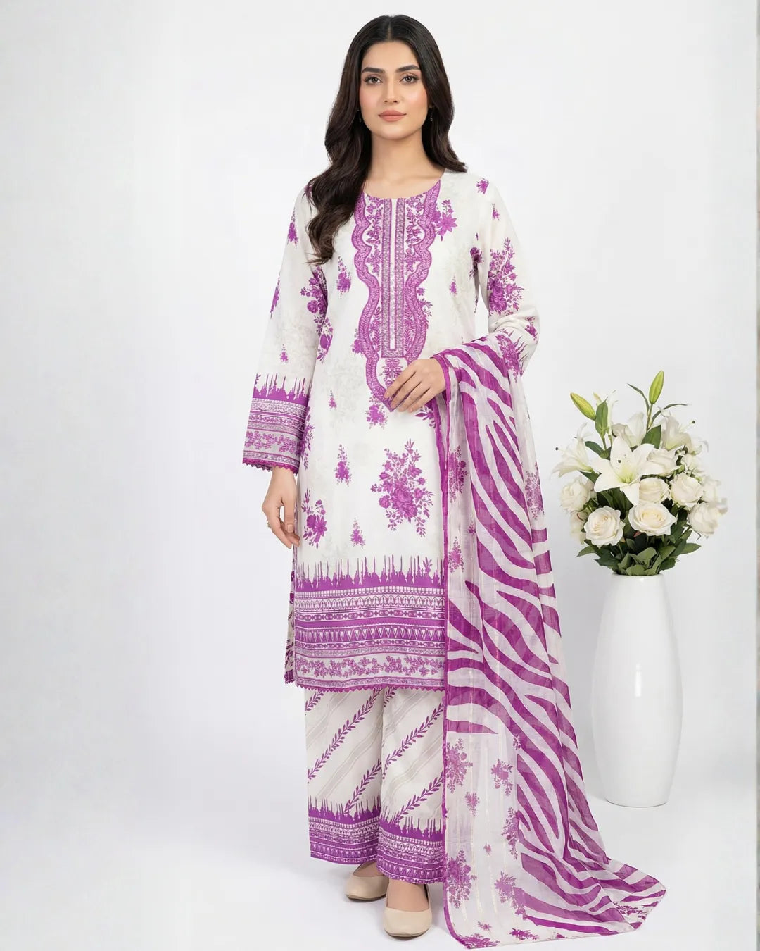 3 PIECE - PRINT EMBROIDERED CAMBRIC SUIT