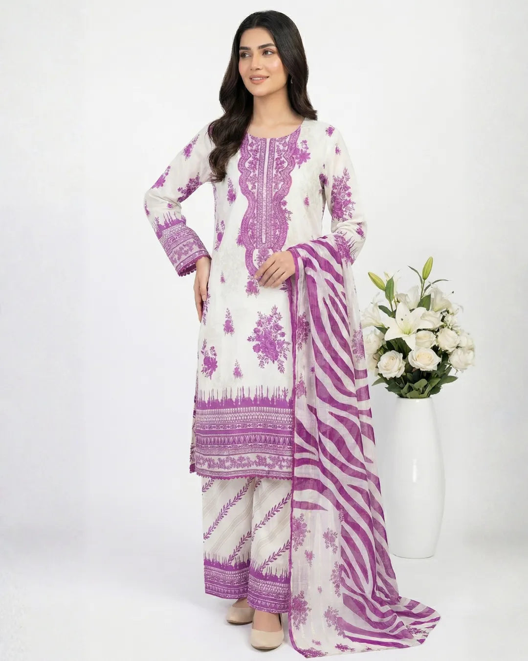 3 PIECE - PRINT EMBROIDERED CAMBRIC SUIT