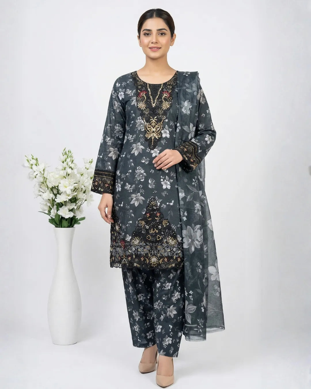 3 PIECE - PRINT EMBROIDERED CAMBRIC FARSHI SHALWAR SUIT