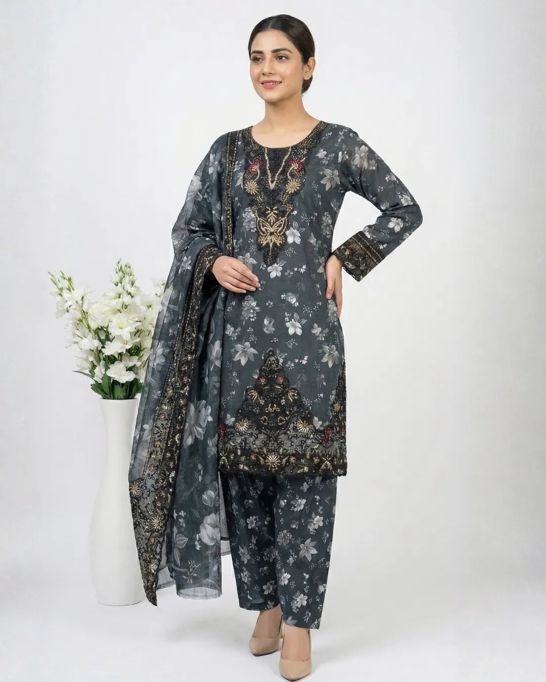 3 PIECE - PRINT EMBROIDERED CAMBRIC FARSHI SHALWAR SUIT