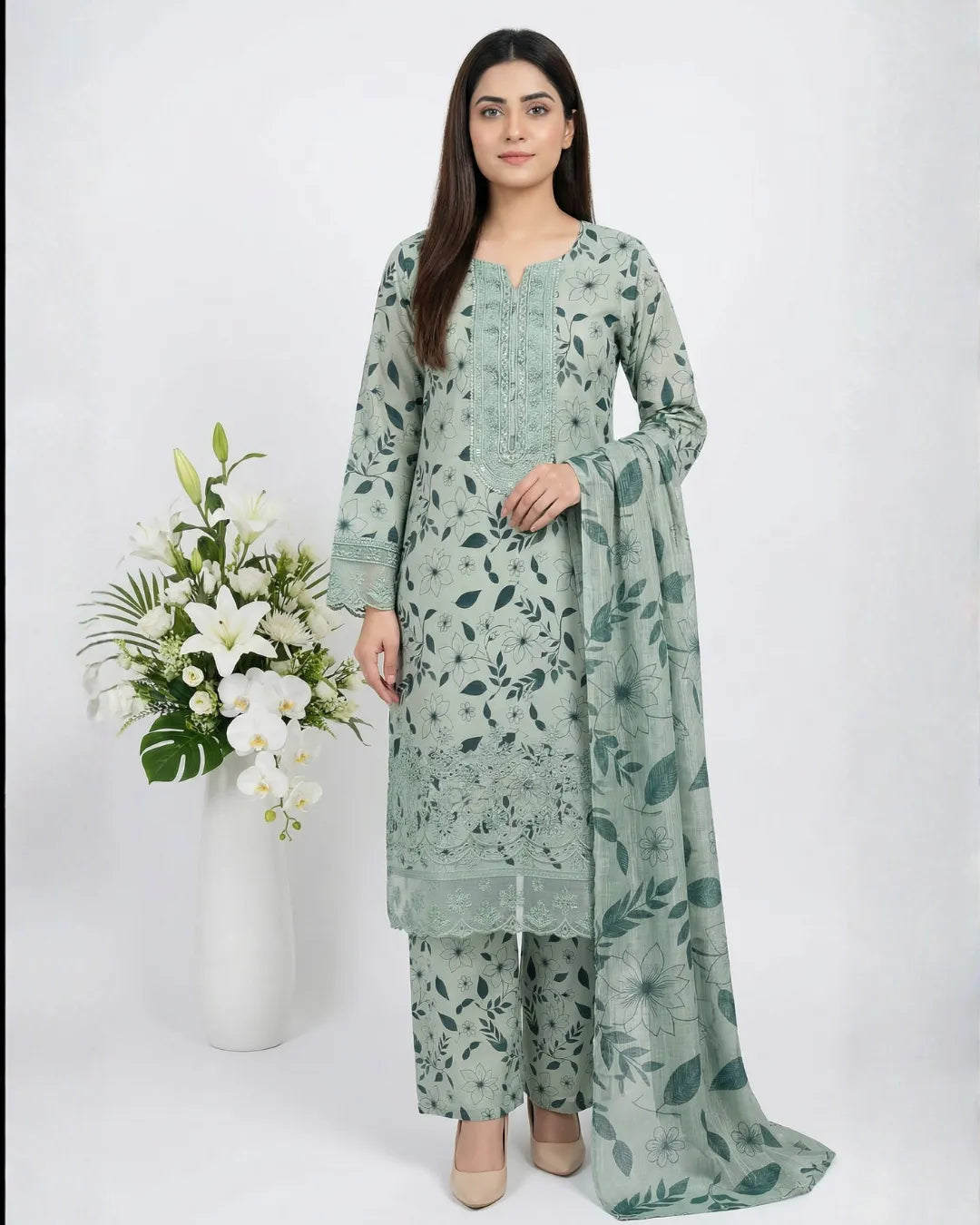 3 PIECE - PRINT EMBROIDERED CAMBRIC SUIT