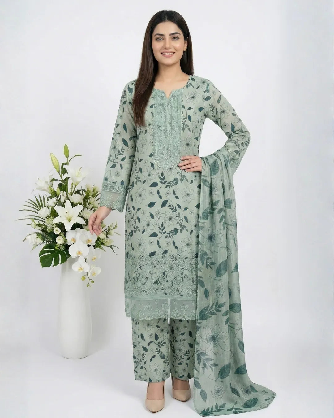 3 PIECE - PRINT EMBROIDERED CAMBRIC SUIT