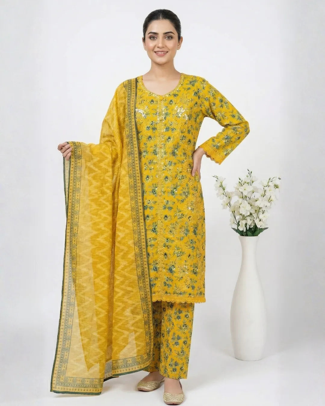 3 PIECE - PRINT EMBROIDERED CAMBRIC SUIT