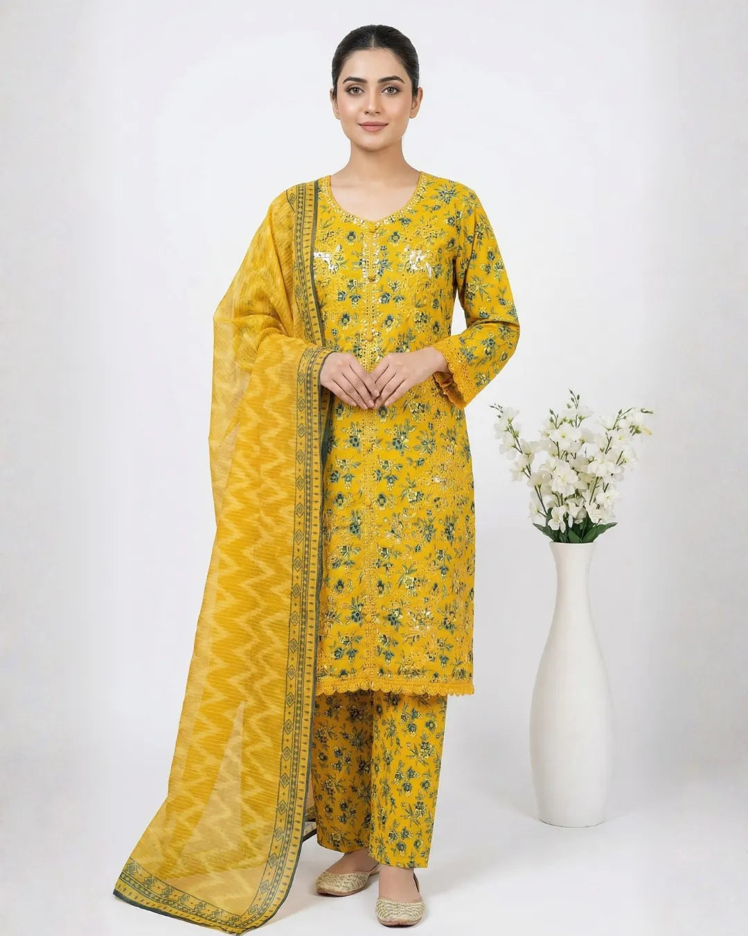 3 PIECE - PRINT EMBROIDERED CAMBRIC SUIT