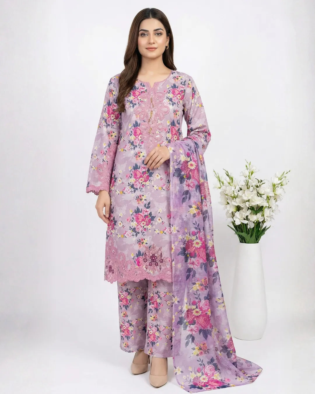 3 PIECE - PRINT EMBROIDERED CAMBRIC SUIT