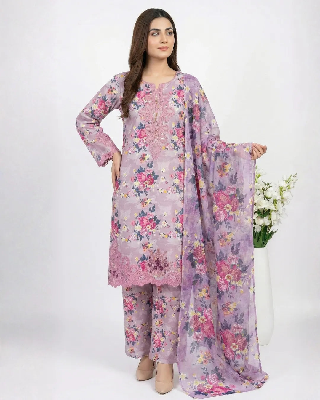 3 PIECE - PRINT EMBROIDERED CAMBRIC SUIT