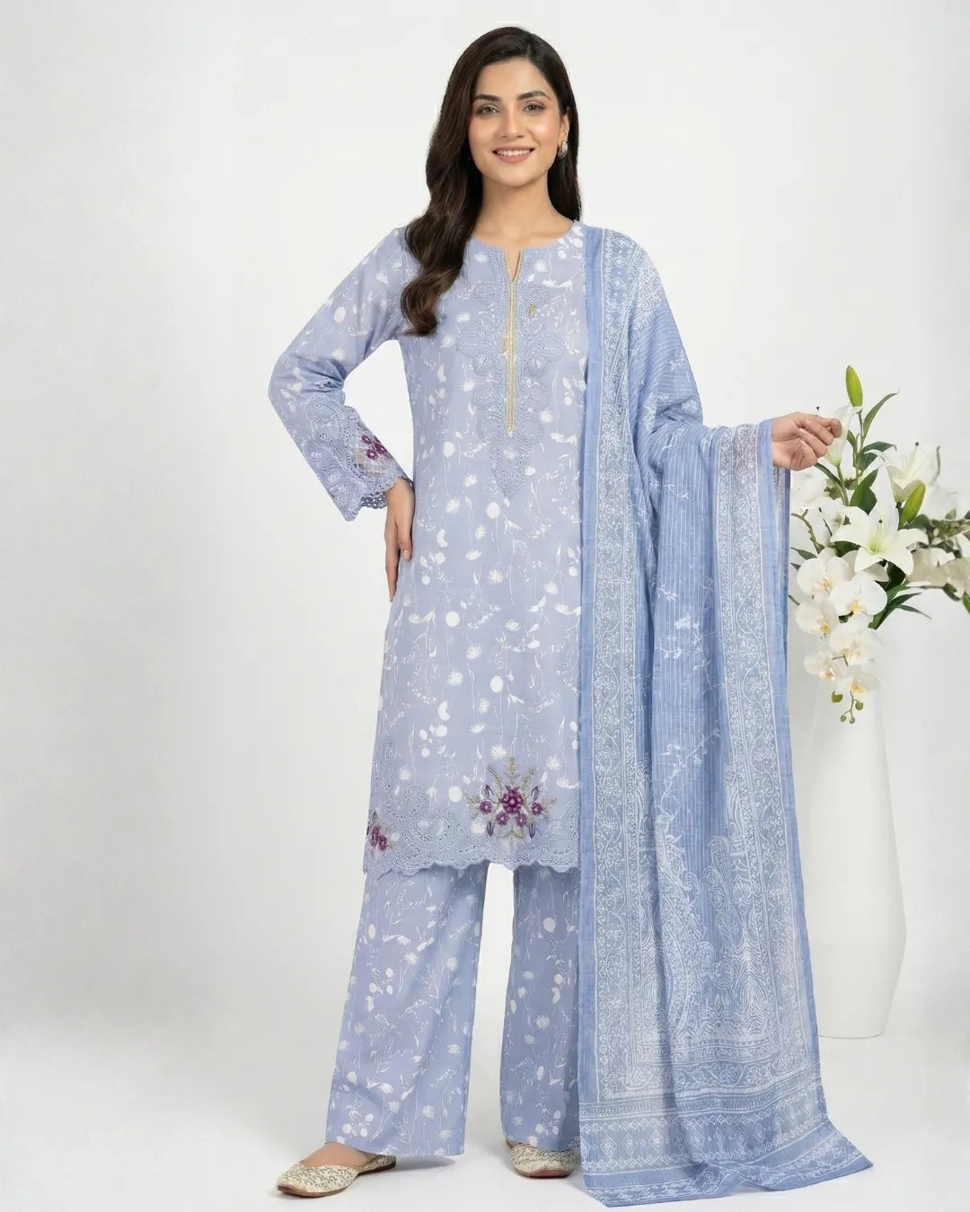 3 PIECE - PRINT EMBROIDERED CAMBRIC SUIT