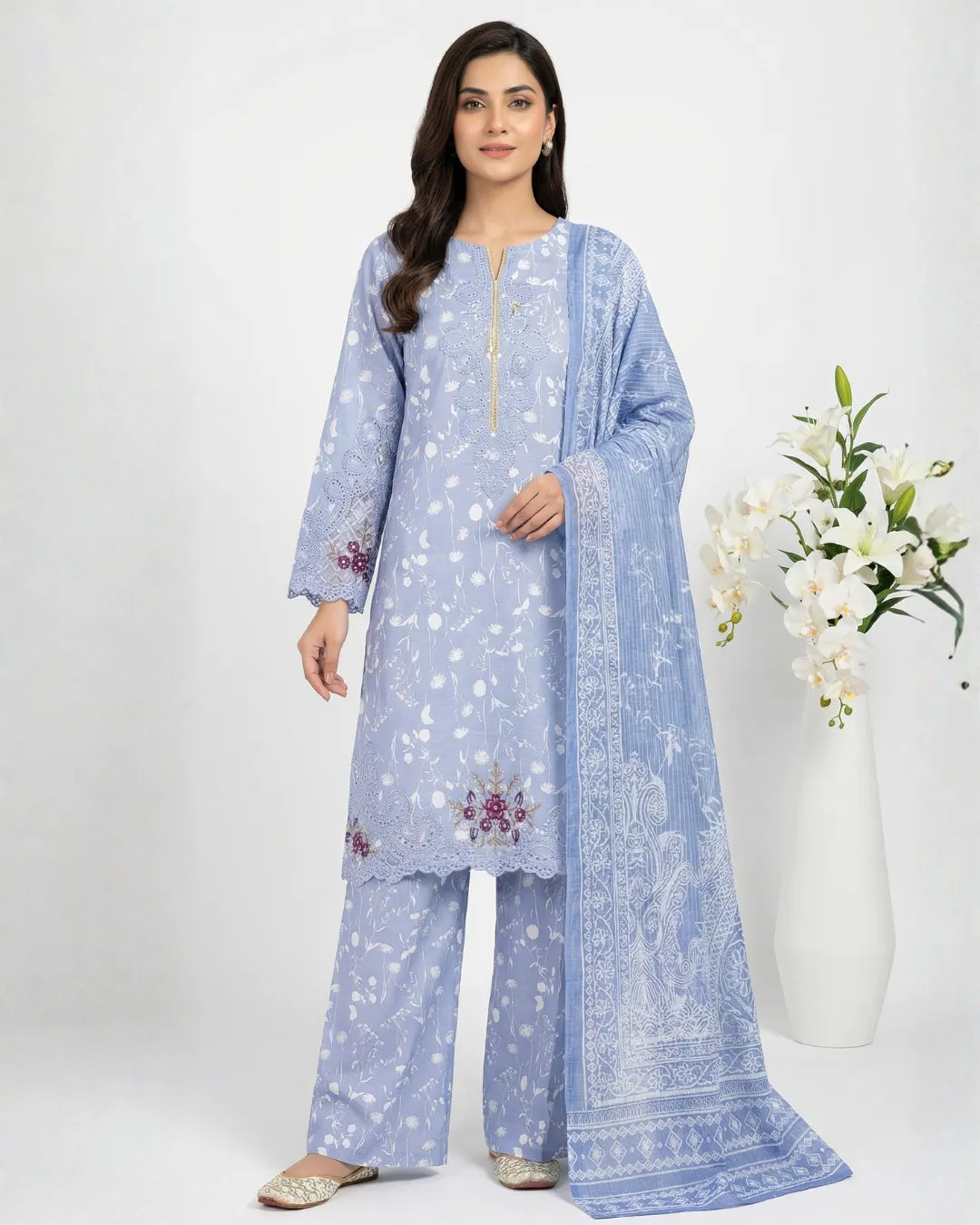 3 PIECE - PRINT EMBROIDERED CAMBRIC SUIT