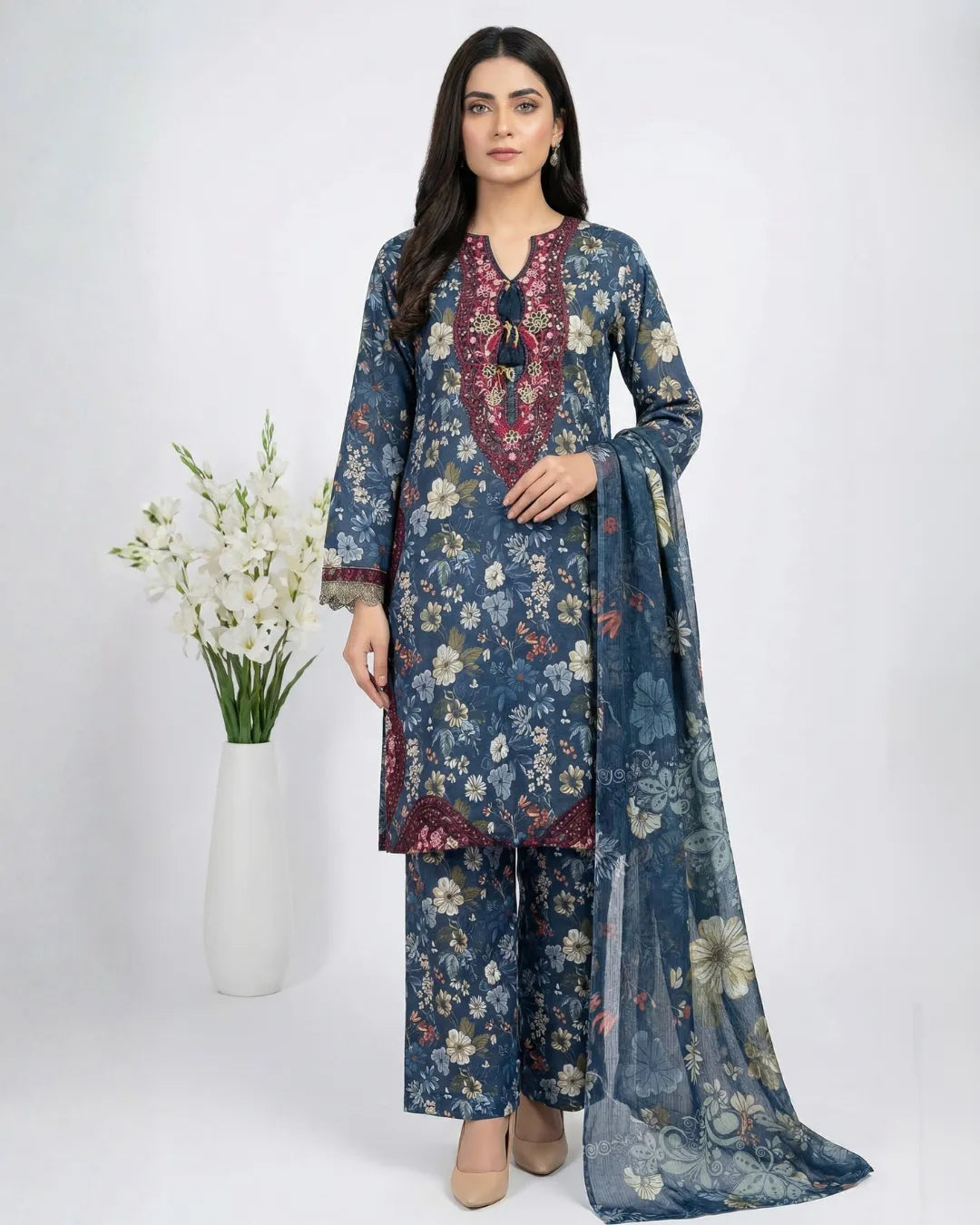 3 PIECE - PRINT EMBROIDERED CAMBRIC SUIT