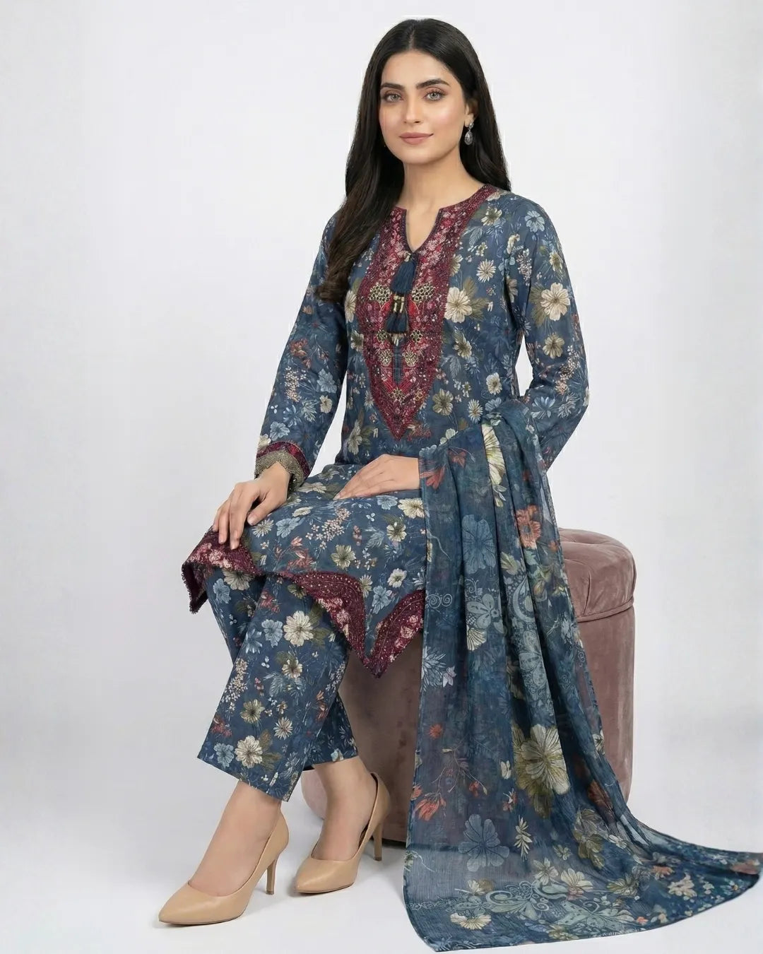 3 PIECE - PRINT EMBROIDERED CAMBRIC SUIT