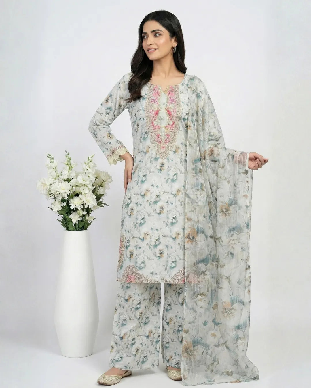 3 PIECE - PRINT EMBROIDERED CAMBRIC SUIT