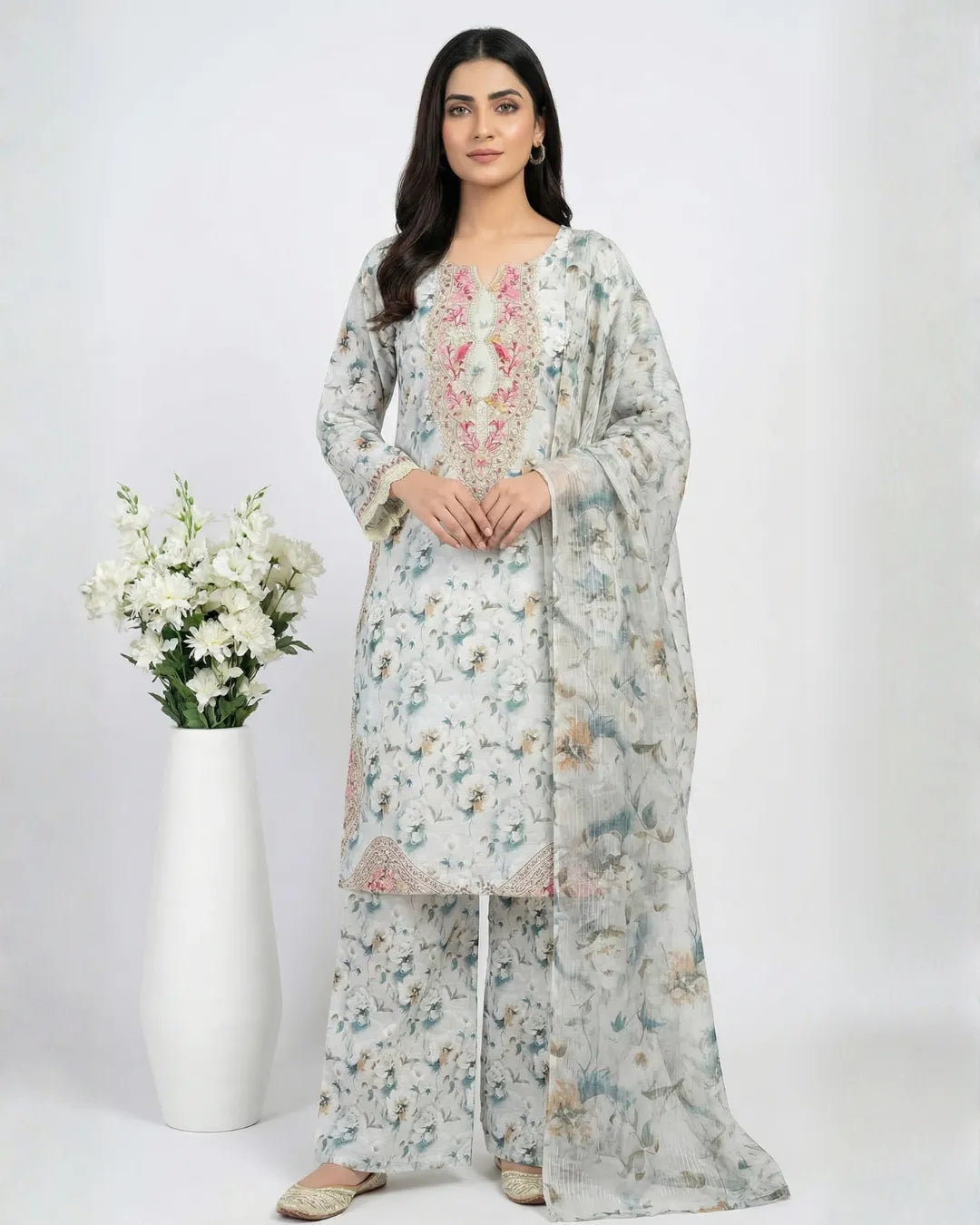 3 PIECE - PRINT EMBROIDERED CAMBRIC SUIT